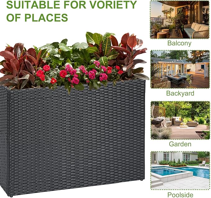 LEWIS&ampWAYNE Large Rectangular Block Planter Box Handmade Wicker Tall Planters for Outdoor Plants with Removable Liners Modern Planter for Indoor Outdoor Patio Deck - Black 38''x11''x30''