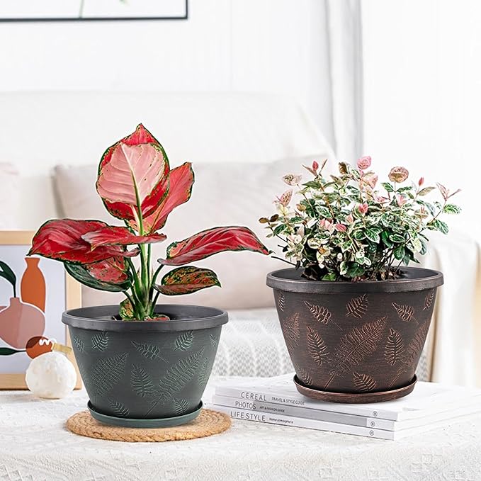 11 inch Plant Pot Set of 3 Plastic Flower Pots with Drainage Hole &amp Tray Decorative Round Planters for Indoor Plants Modern Outdoor Home Flowers Plants Garden Pots (Green)
