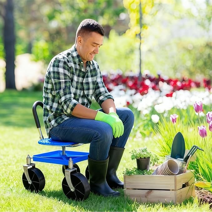 Wheeled CartGarden Stool with WheelsSide Work Swivel 360 Degree Wheels – Outdoor Seat Capacity 150 kg for Transplanting and Pruning