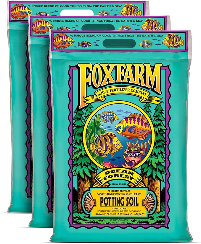 FoxFarm Ocean Forest Potting Soil for Container Gardens - Light Aerated Texture with Fish Meal Crab Meal Earthworm Castings - Houseplant Potting Mix for Seedlings &amp Plant Starts - 2 x 12 Quart