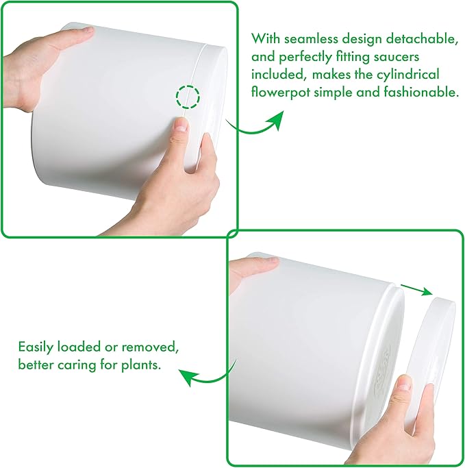 D'vine Dev 10 Pack Plastic Plant Pots for Plants 6.5/6/5.5/5/4.5/4/3.5/3/2.5/2 Inch Indoor Planters Cylindrical Succulent Pot with Drainage Hole and Saucer White 74-S-A