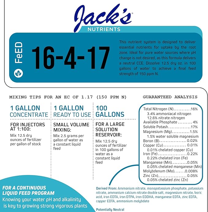 Jack's Nutrients 16-4-17 Hydroponic Fertilizer for Vegetative Growth in Continuous Liquid Feed Programs 25lbs