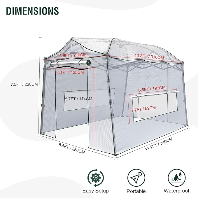 11 x 8.5 x 7.5 FT Walk-in Greenhouse Portable Pop-up Greenhouse for Indoor Outdoor Plant Garden Green House with Zippered Doors Screen Windows Heavy Duty Frame and Durable PE Cover