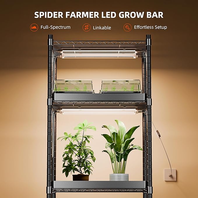 Spider Farmer 2FT LED Grow Lights for Indoor PlantsFull Spectrum (3000K+5000K+660nm)80W (4x20W400W Equivalent)3-Level DimmableIP65 WaterproofLinkable DesignPlant Light Strip for Shelve4-Pack