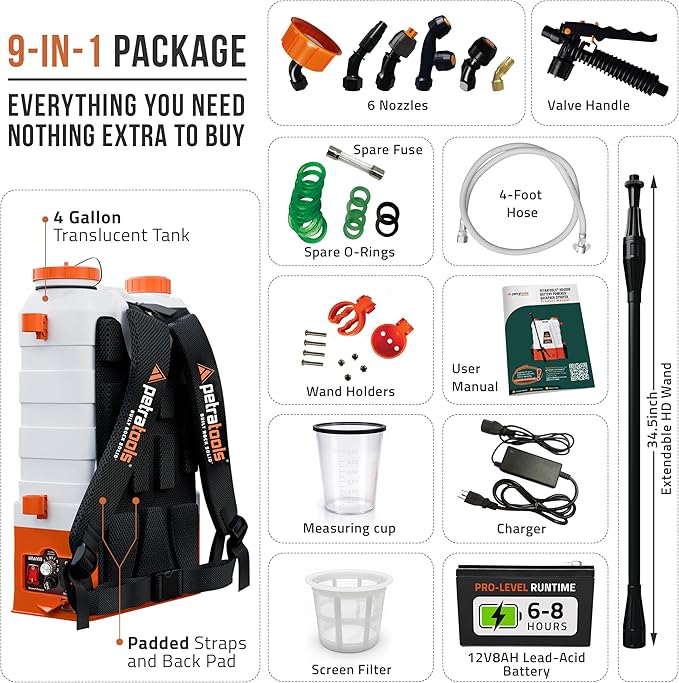 PetraTools Battery Powered Backpack Sprayer 4 Gallon - 6 Hours Long Battery Life &amp Padded Straps for Comfort - HD4000 Electric Backpack Garden Sprayer with 6 Spray Nozzles &amp 90PSI Adjustable P