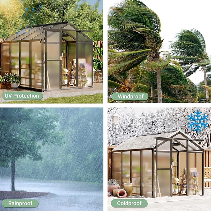 6X8 FT Greenhouse Walk-in Greenhouse Kit with Aluminum Frame Polycarbonate Panels Adjustable Roof Vent Sliding Door Secure Lock for Outside Garden Patio Backyard