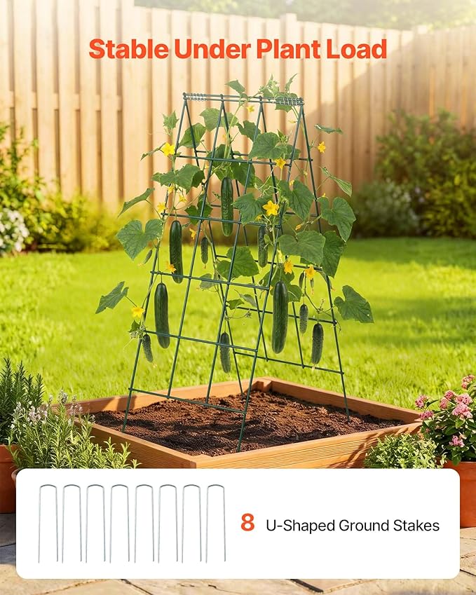 VEVOR Cucumber Trellis 46 High Foldable A-Frame Garden Trellises for Raised Bed 4 Panels Metal Rustproof Outdoor Climbing Plant Support with 2 Plant Bags for Vine Peas Beans Tomato Flowers