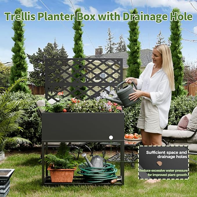 Metal Planter Box with Trellis55 H x35 W Raised Garden Beds with Privacy Screen for Climbing Plants Flower Elevated Standing Planter Garden Bed with Drainage Holes for Outdoor PatioBlack
