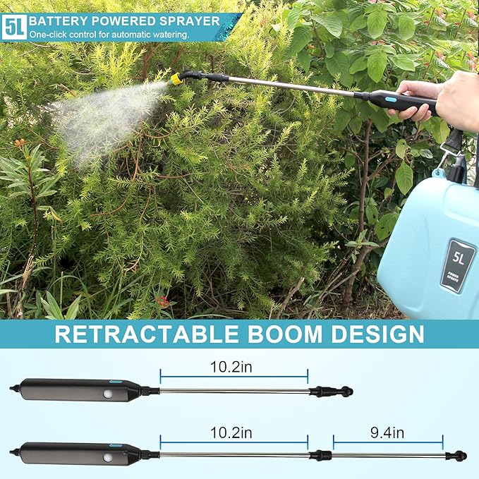 SZHLUX 1.35 Gallon Battery Powered Sprayer Upgrade Electric Sprayer with USB Handle Telescopic Wand 3 Mist Nozzles and Adjustable Shoulder Strap Garden Sprayer for Gardening Cleaning