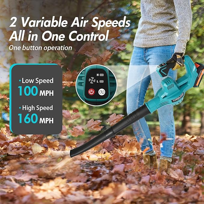 Leaf Blower Cordless 160 MPH Battery Powered Leaf Blower Electric Leaf Blowers with 2.0 Ah Batteries and Charger &amp 2 Speed Modes Blowers for Lawn Care Yard Blowing Leaves Dust Snow