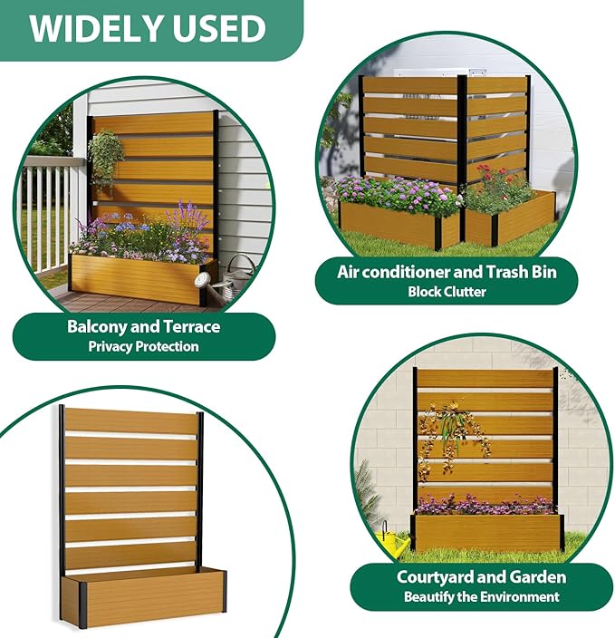 Vertical Screen Planter Bed - Raised Garden Box with Trellis for Climbing Plants Durable Privacy Fence Planter for Outdoor Patio Deck Aluminum Frame Yellow Teak with Base