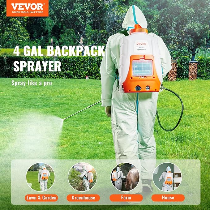 VEVOR Battery Powered Backpack Sprayer 0-90 PSI Adjustable Pressure 4 Gallon Tank Back Pack Sprayer with 8 Nozzles and 2 Wands 12V 8Ah Battery Wide Mouth Lid for Weeding Spraying Cleaning