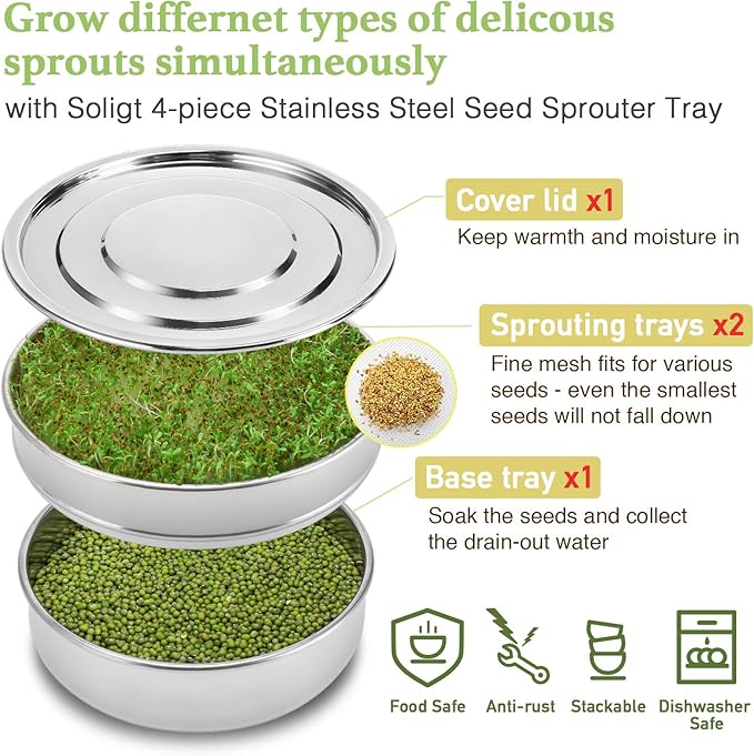 SOLIGT Stackable Stainless Steel Seed Sprouting Kit 2-Tier Mesh Sprouting Trays 1 Base and 1 Cover Lid