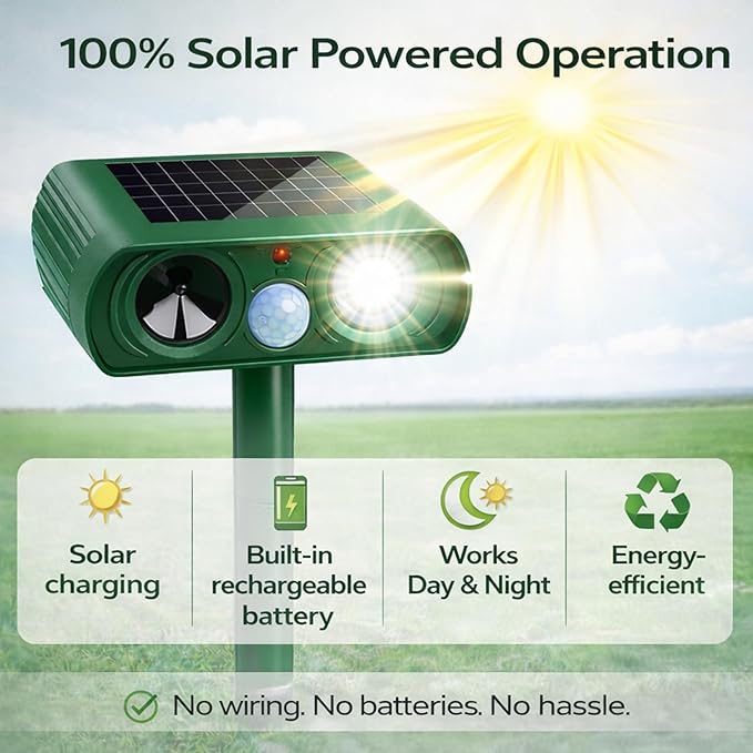 Solar Powered Animal Repellent Motion Sensor for Gardens - Ultrasonic Outdoor Animal Repeller with Adjustable Frequency &amp Waterproof Design - Deer Repellent Devices Protect Yard from Damage