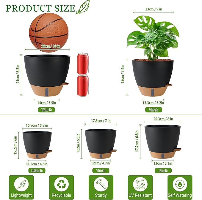 Self Watering Pots for Inoor Ourdoor Plants 10/9/8/7/6.5 Inch Plastic Planters with Drainage Holes &amp Water Level Indicator Decorative House Flower Nursery Planting Pots with Saucers (Black)