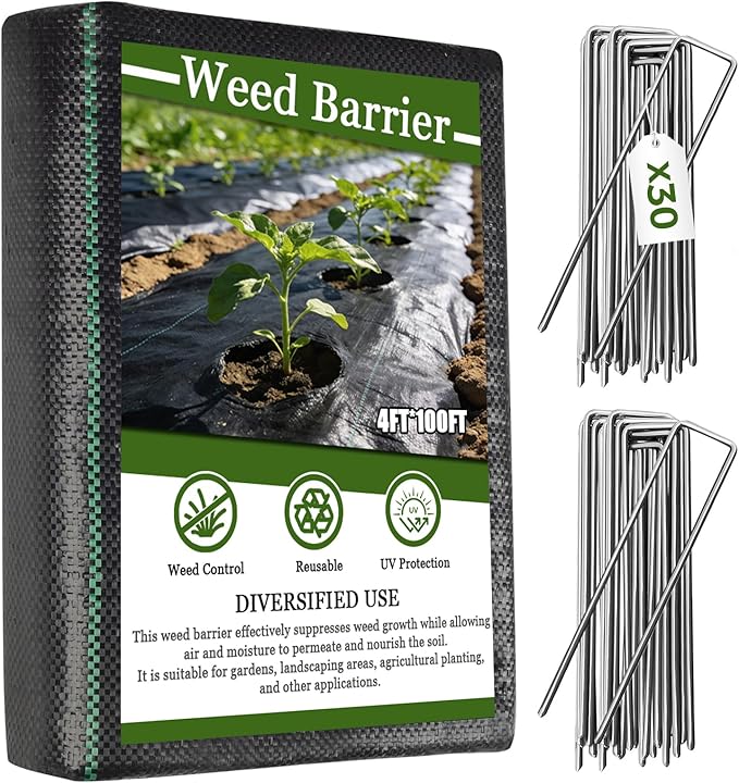 4FT x 100FT Weed Barrier Fabric with 30 U-Shaped Stakes Polypropylene Landscape Fabric Heavy Duty Weed Control Ground Cover for Gardening Permeability &amp Durable Weed Block Fabric