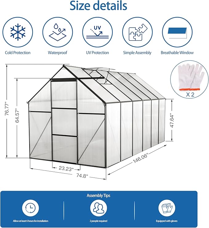 KEIKI 6x12 FT Polycarbonate Greenhouse with Aluminum FrameRaised Base and Roof VentWalk-in Greenhouses for Patio Garden