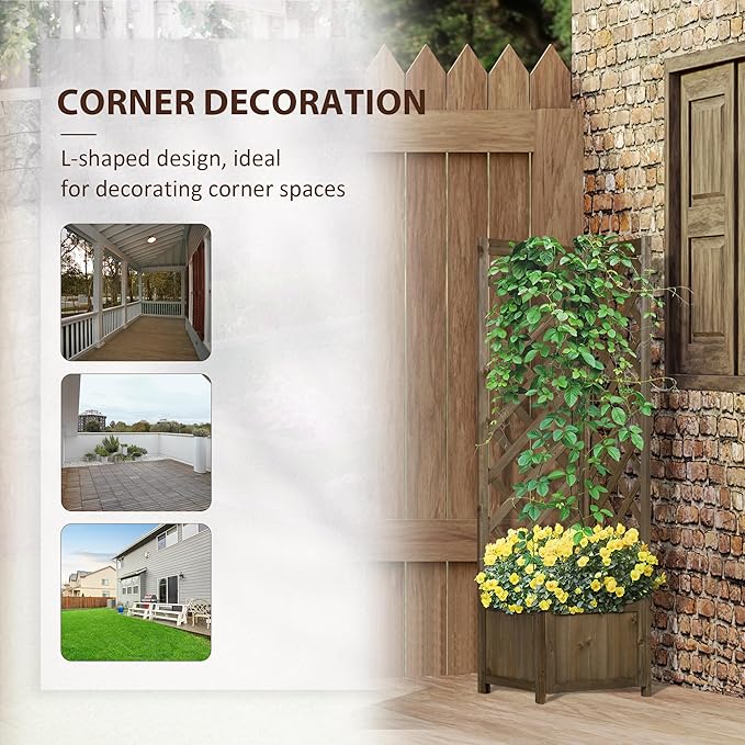 Wooden Raised Garden Bed with Trellis 57 Freestanding Corner Planter Box for Vine Plants Flowers Climbing and Planting Carbonized