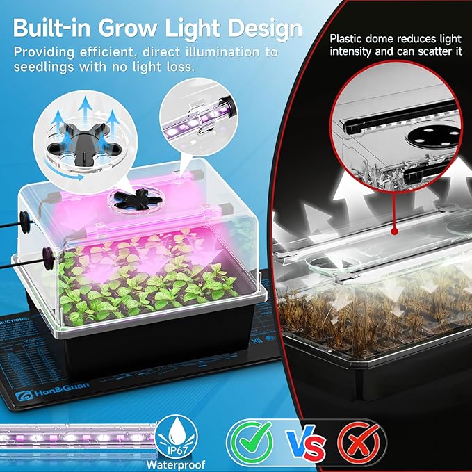 Hon&ampGuan 2 Pack Seed Starting Kit - 30 Cell Seed Starter Tray with Higher 5.3” Humidity Dome LED Growing Lights and 10x20.75 Seedling Heat Mat Adjustable Vents - Germination &amp Plant Propag