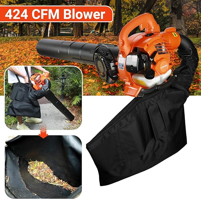 Gas Leaf Blower Leaf Vacuum and Mulcher with Bag 3 in 1 424 CFM 2 Stroke Handheld Cordless Snow Blower for Cleaning Leaf Road Snow (Orange)