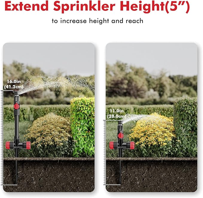 RESTMO Flexible Sprinkler System with Metal Spike Base Above Ground DIY Irrigation Kit Multi-Adjustable Lawn Sprinkler Set Ideal for Plant and Flower Bed Watering Red (Garden Hose Not Included)