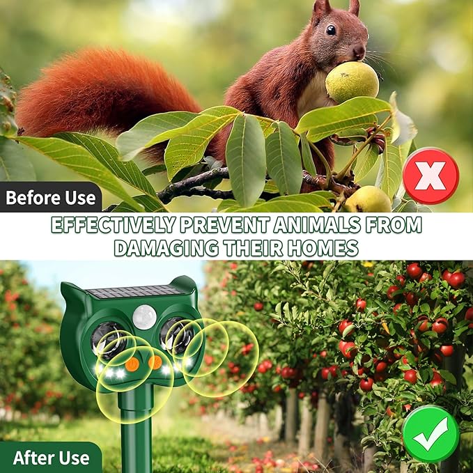 2 Pack 2026 Upgraded Solar Ultrasonic Animal Repellent Outdoor – Motion Activated Deer Squirrel Cat Raccoon Dog &amp Bird Deterrent with Multi-Frequency LED Strobe &amp Ultrasonic Sweep for Yard