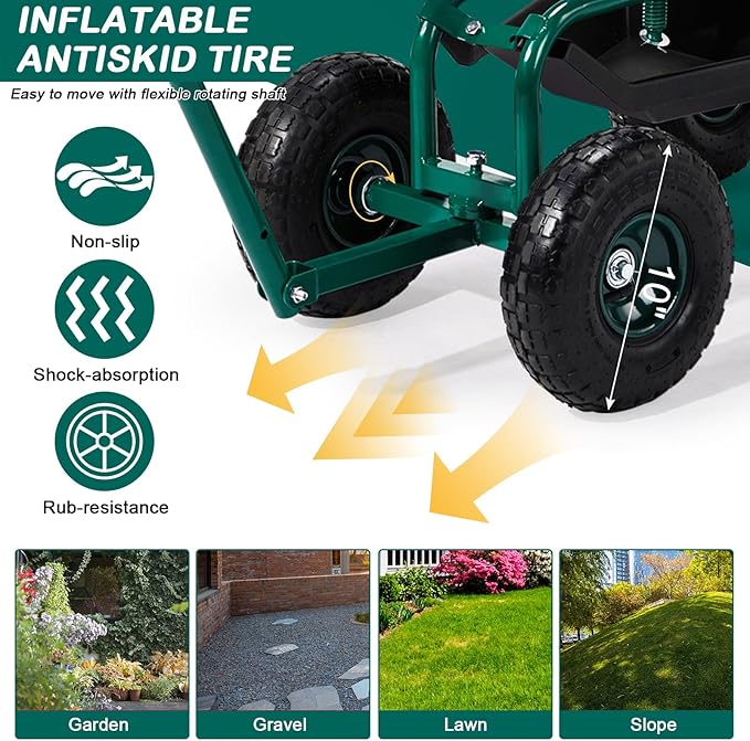 Bonnlo Rolling Garden Cart with Seat Extendable Handle Gardening Stool with Wheels Rustproof Rolling Work Seat with Extra Storage Space for Gardening/Planting/Outdoor (Green)