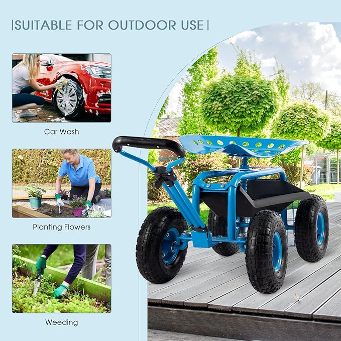 Rolling Garden Cart with Workseat - Heavy Duty Scooter with Handle and Storage Gardening Stool 360 Degree Swivel Seat for Seniors Garden Cart on WheelBlue