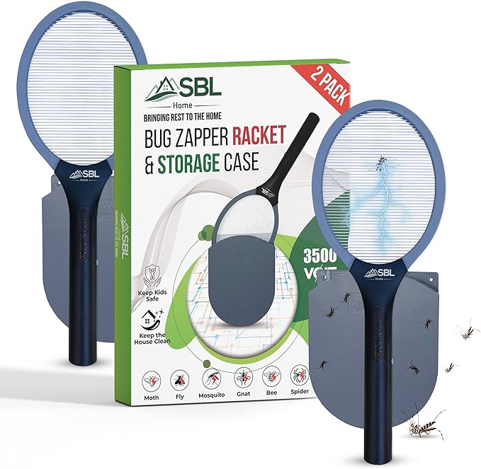 Electric Fly Swatter Racket Electric Mosquito Swatter Bug Zapper Racket Electric Fly Bat with Patented Wall Case Gray Black (2 Pack)