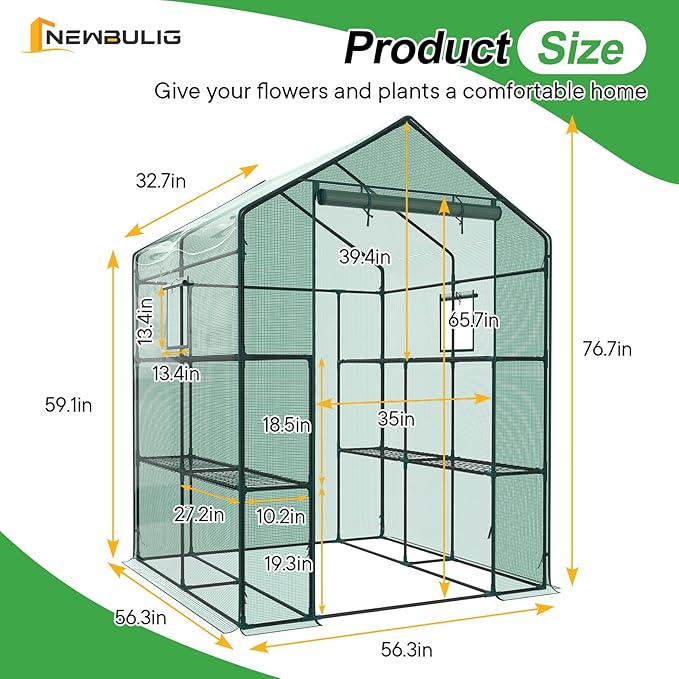 NEWBULIG Walk-in Greenhouse 56.3x56.3x76.7 Outdoor Portable Greenhouse Kit with Thick PE Cover &amp Roll-Up Zipper Door Sturdy Steel Frame with Window for Backyard Patio Garden Dark Green