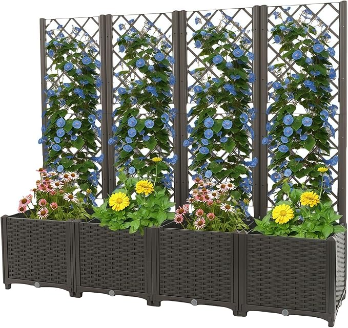 4 PCS Plastic Planter Box with Trellis Planter Box Raised Garden Bed with Trellis Planters for Climbing Plants Flowers Vegetables Fruits 62.99 × 15.75 × 55.91in (Dark Brown)