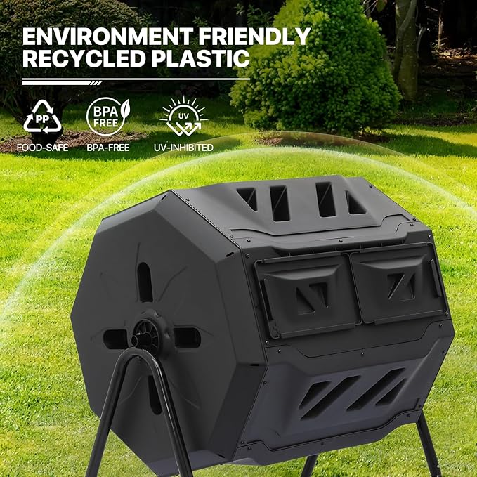 MoNiBloom 43 Gallon Compost Tumbler Outdoor BPA Free Large Dual Chamber Tumbling Compost Bin All-Season Fast Working Tumbling Composter High Volume Composter with 2 Sliding Doors
