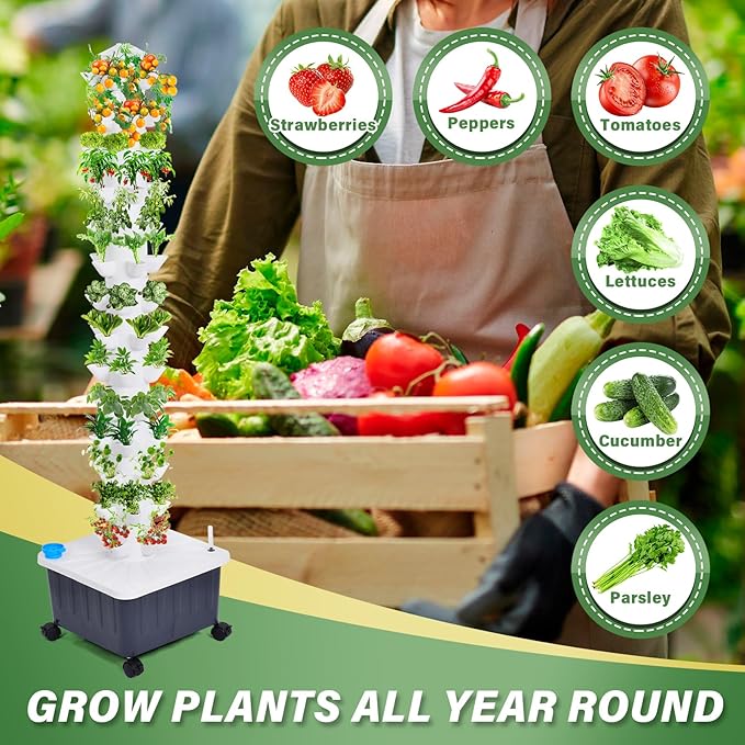 Hydroponic Tower Garden 14-Layer 70 Slots Indoor Vertical Garden Tower with Automatic Watering System for Fruits Vegetables High-Rise Building Planting Station