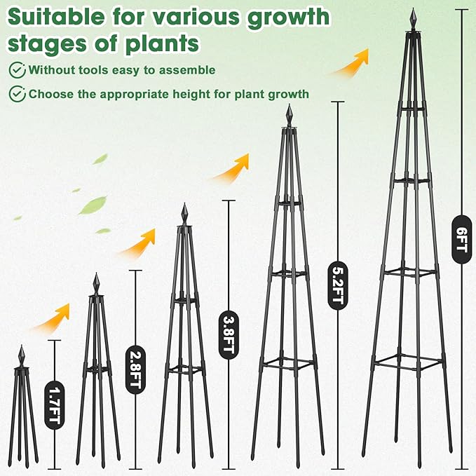 Obelisk Trellis for Climbing Plants 6 FT Garden Trellises with 16mm Thickened Plastic-Coated Metal Pipes Trellis for Climbing Potted Plant Vine Flower Rose Vegetable Tomato Cucumber Outdoor Indoor