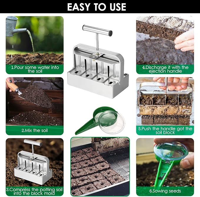 Soil Blocker 2 inch Manual Soil Block Maker Handheld Gardening Seedling Tool with Comfortable Handle for Gardens Farms Seedings Cuttings Greenhouses Gardens (Type 2)