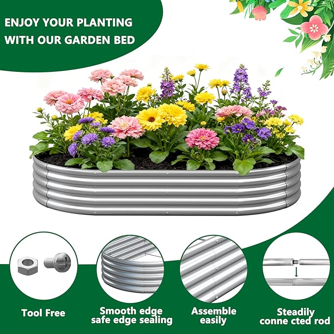 zizin 2 Pack Galvanized Raised Garden Bed Metal Oval Raised Garden Beds Outdoor Planter Box for Vegetables (8x4x1FT Silver)