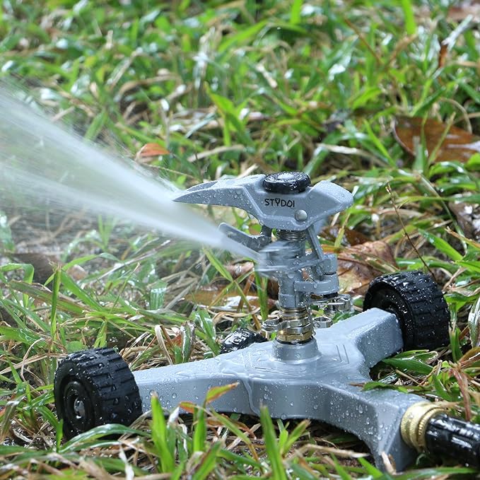 STYDDI Metal Pulsating Sprinkler on in-Series Metal Wheeled Base Adjustable Circular Water Sprinkler for Medium to Large Circular Lawn Yard Garden and Large Areas Coverage up to 6360 Sq. ft
