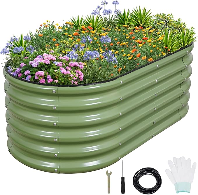 1MORE Galvanized Raised Garden Bed- Planter Garden Boxes Outdoor Raised Beds for Gardening 4x2x1.4ft Metal Garden Bed Kit for Vegetables Flower Planter Raised Bed with Protective Tape &amp Tools.G