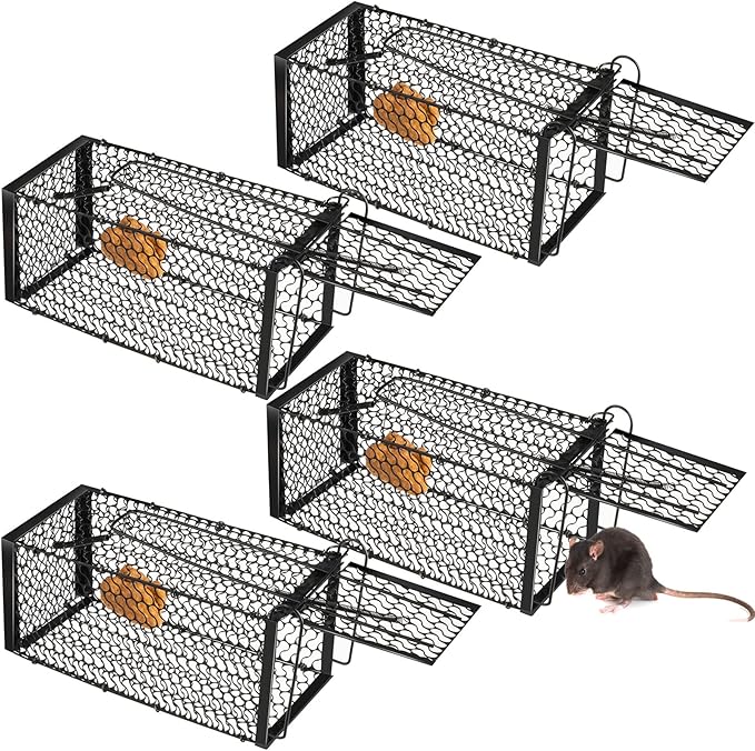 Qualirey 4 Pcs Humane Rat Trap Chipmunk Squirrel Rodent Foldable Mouse Trap Small Live Animal Mouse Voles Hamsters Live Cage Rat Cage for Mice Easy to Catch and Release 9.4 x 4.7 x 4.7 Inches
