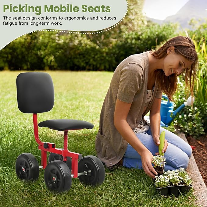 Ergonomic Rolling Garden Stool with Adjustable Height (11.02-16.14) &amp Backrest 120kg Bearing Compact for Garden/Patio Use Black