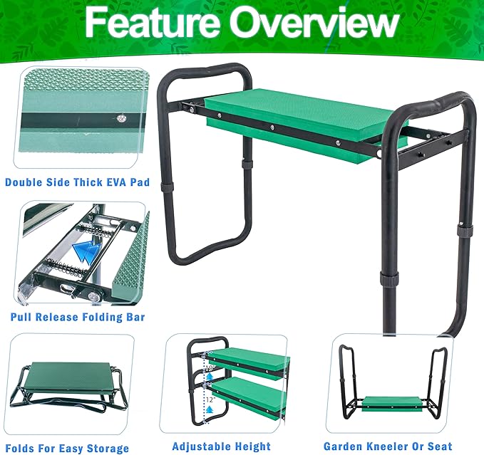 5 STAR SUPER DEALS Adjustable Garden Kneeler &amp Seat with Handles - Heavy-Duty Outdoor Foldable Portable Garden Stool with Thick EVA Foam Pad Multi-Purpose Gardening Bench for Kneeling and Sittin