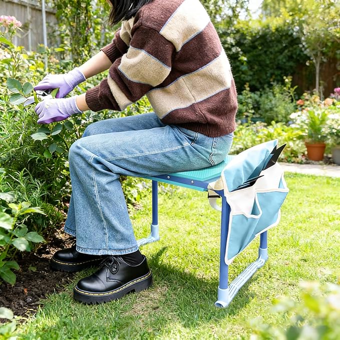 Folding Garden Stool and Kneeler Heavy Duty Garden Kneeler and Seat Kneeling Device for Gardening Gardeners and Seniors (Blue)