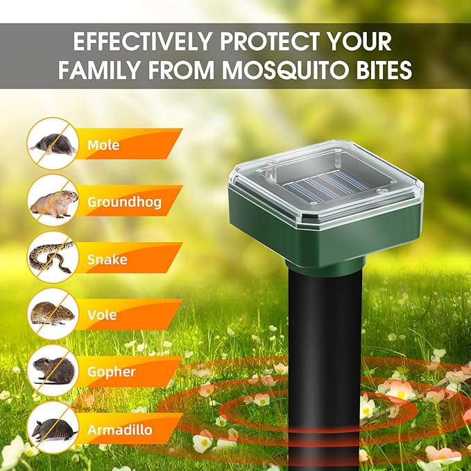 8 Pack Mole Repellent Solar Powered Gopher Repellent Ultrasonic Mole Stakes Deterrent for Yard Solar Rodent Repeller Outdoor for Vole Groundhog Chipmunk Snake Lawns Gardens Farms Burrowing Animals