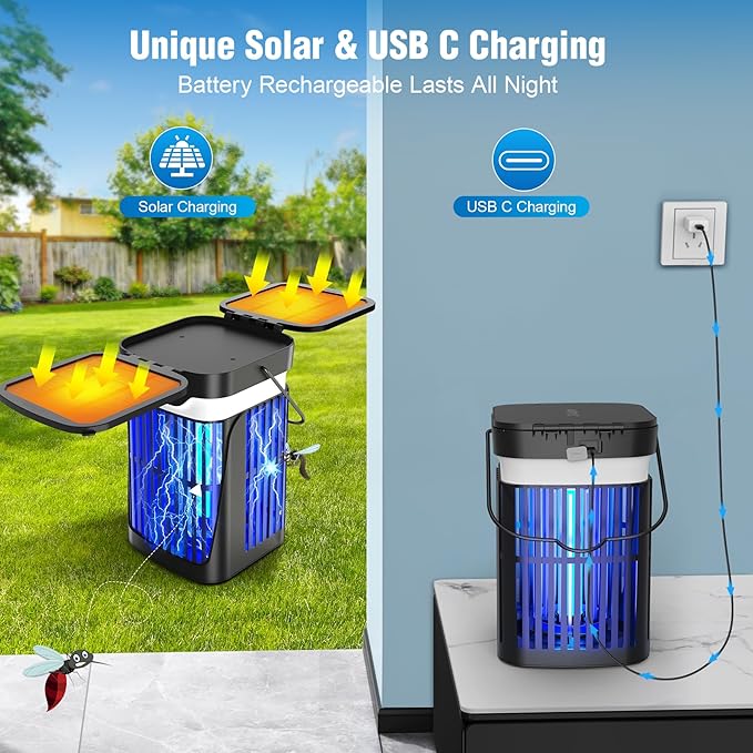 Solar Bug Zapper Outdoor and Indoor Dual Folding Solar Panel with Auto Sensor Function USB Rechargeable Cordless Fly Traps 4200V Electric Mosquito Killer for Patio Backyard Garden Camping