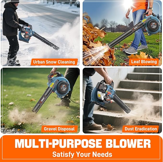 SENIX 26.5cc Gas Leaf Blower 4-Cycle Engine Handheld Gas Powered Blower 410CFM &amp 125MPH 7000RPM for Lawn Care Leaf &amp Debris Cleanup Driveways