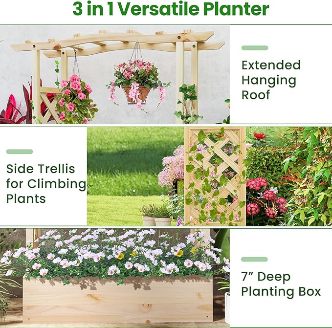 Giantex Raised Garden Bed with Sided Trellis &amp Hanging Roof Wood Planter Box Freestanding Garden Planter Raised Bed for Flowers Herbs Climbing Vines 44”x14”x45” (L x W x H)