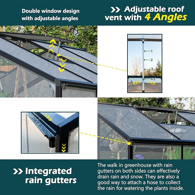 Polycarbonate Greenhouse 6'x8' Upgraded Heavy Duty Aluminum Walk-in Green House for Outdoor Garden with BaseAdjustment Roof VentHinged DoorRain Gutter2 GlovesFree Assembly Tools