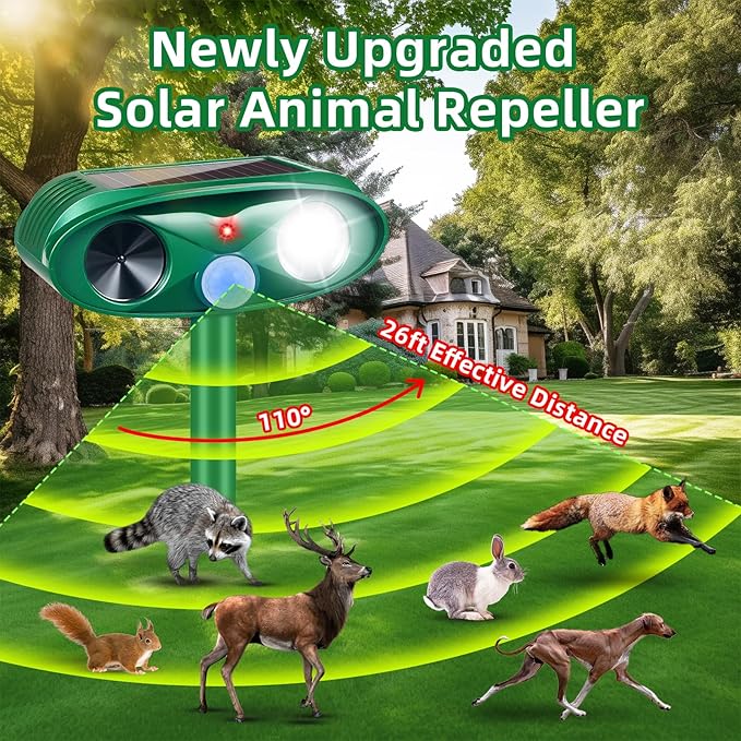 Upgraded Cat Deer Repellent Devices Solar Ultrasonic Animal Repeller Outdoor with Motion Sensor &amp Flashing Light Animal Deterrent Devices for Squirrel Raccoon Dog Rabbit Skunk for Yard Garden 2