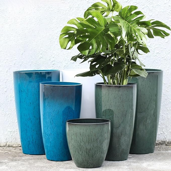 242111 Inch Large Plastic Planters with Drainage Hole and Saucer - Set of 3 Tall Plant Pots Indoor Flower Pot Tall Round Planters Outdoor Large Tall Planter