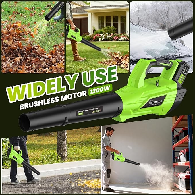 Cordless Leaf Blower 21V Battery 680CFM 190MPH Electric Blower with 5-Variable Speed Turbo Mode Green Black